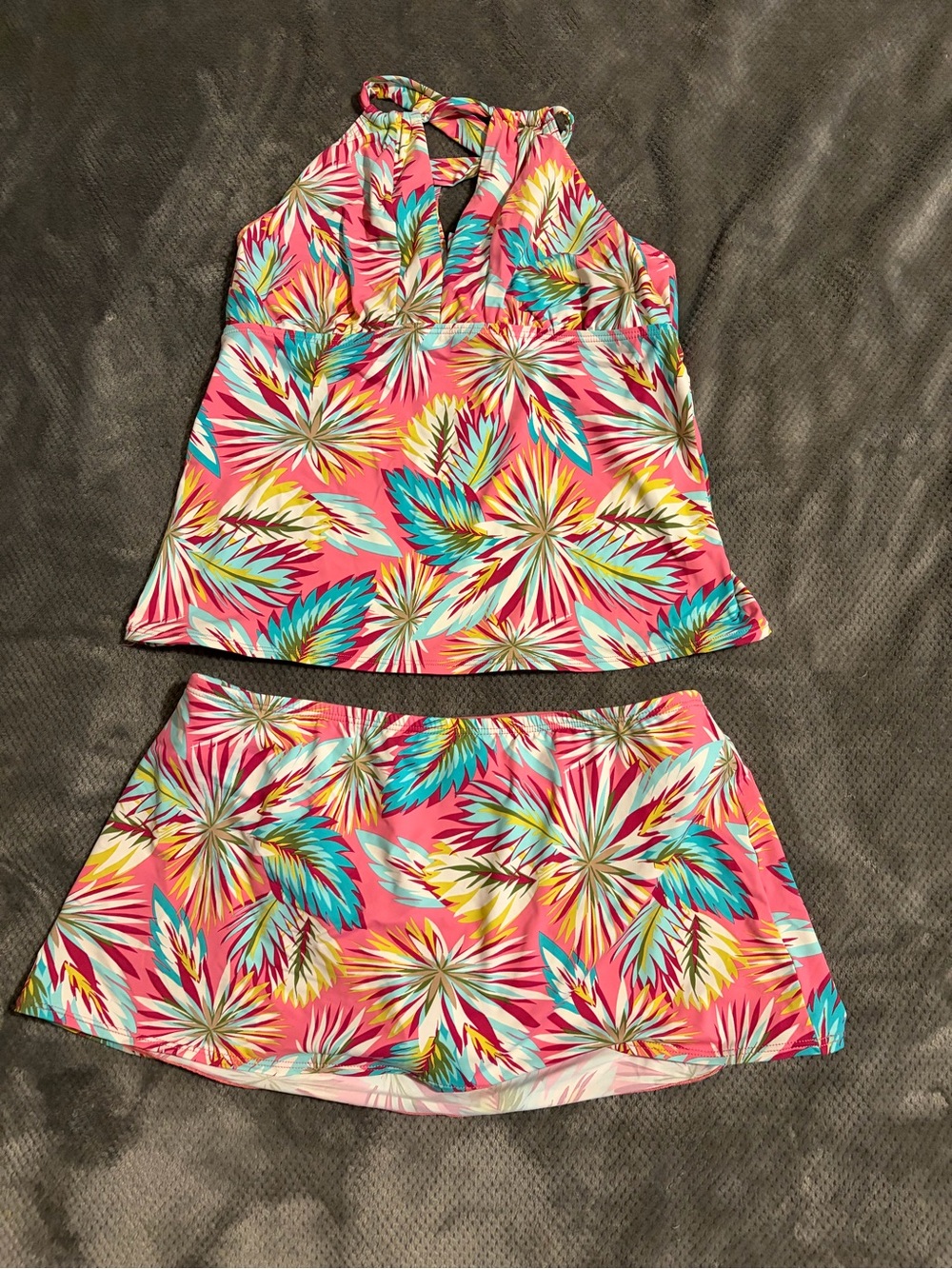 Tropical Pink Halter Tankini with Swim Skirt - Coral Floral